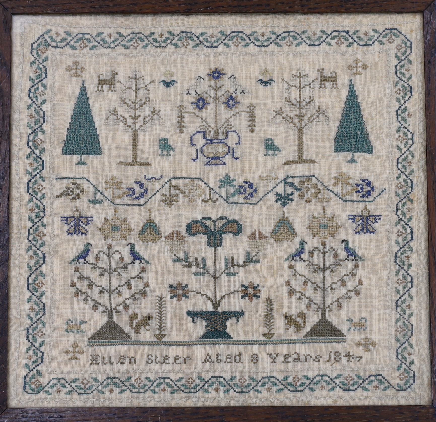 Two framed and dated samplers, one by Ellen Steer aged 8years, dated 1847, the other by Susannah Steer aged 11 years dated 1846, both worked in cross stitch motifs of trees, animals and butterflies, the larger worked als
